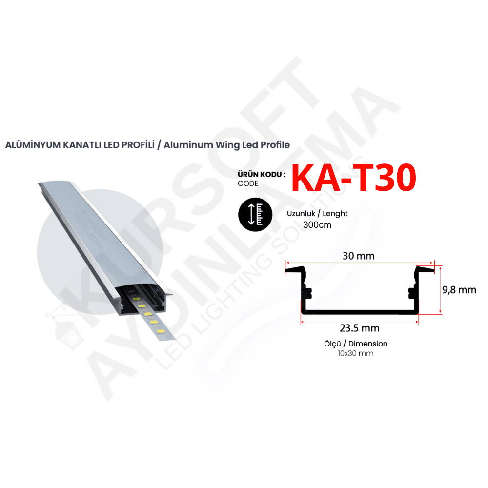 KA-T30 Alüminyum Kanatlı LED Profili – 23,5x9,8 mm | 3 Metre | Şerit LED Kanalı