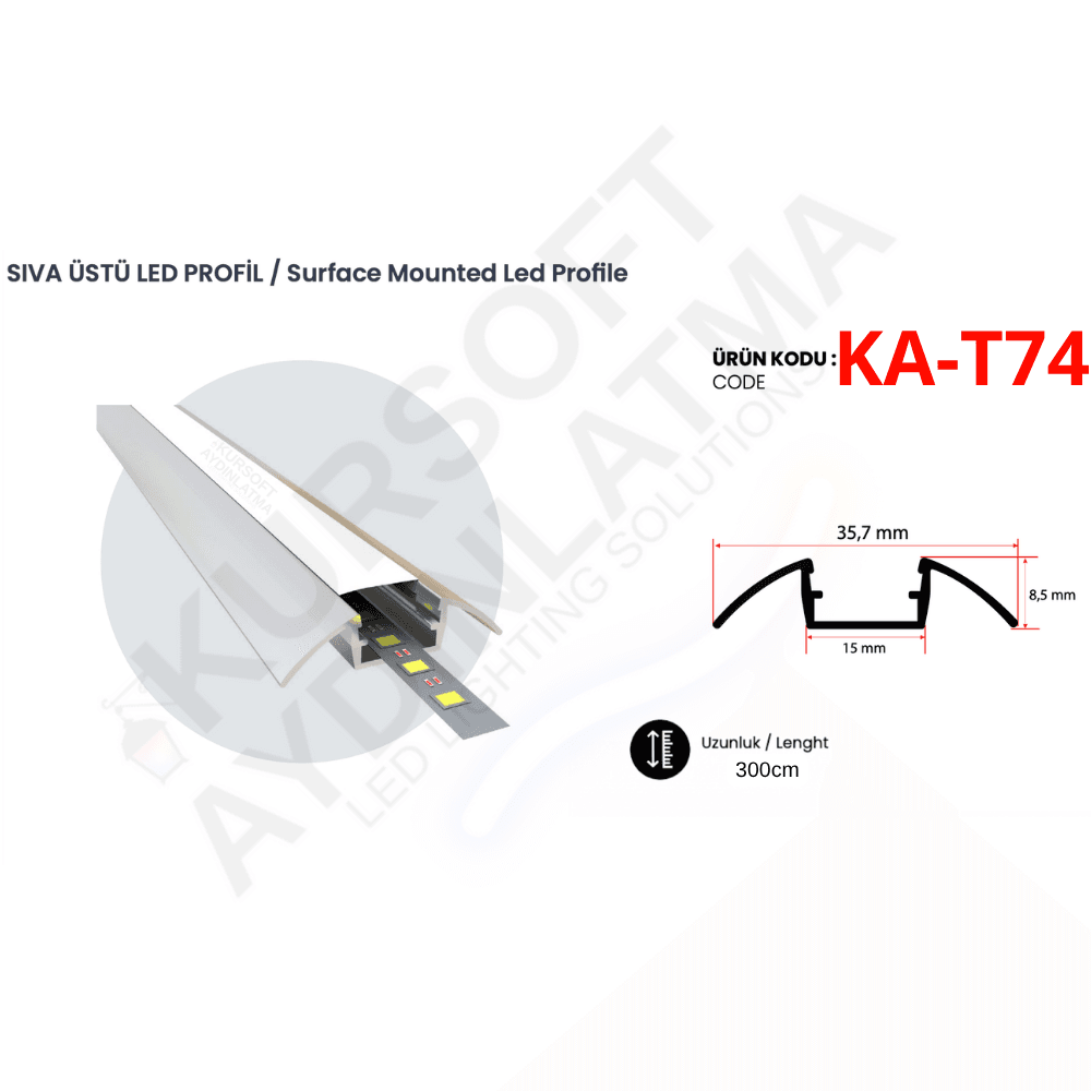 KA-T74 Sıva Üstü Alüminyum LED Profili – 15x34,5 mm | 3 Metre | Yüzey Montaj
