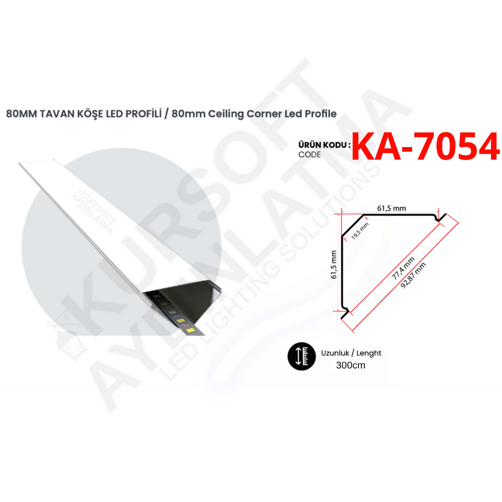 KA-7054 Tavan Köşe Alüminyum LED Profili – 80 mm | 3 Metre | Endirekt Aydınlatma