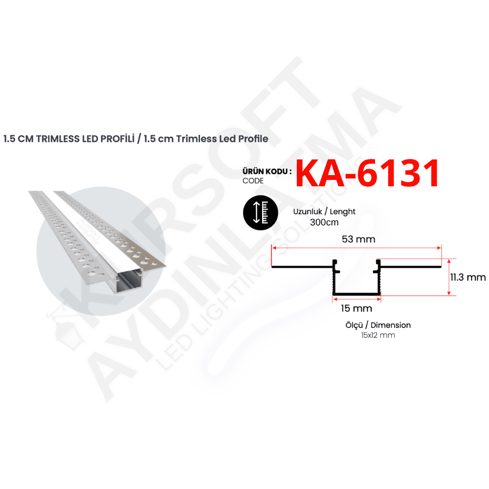 KA-6131 Trimless Alüminyum LED Profili – 15x11,3 mm | 3 Metre | Alçıpan Gömme