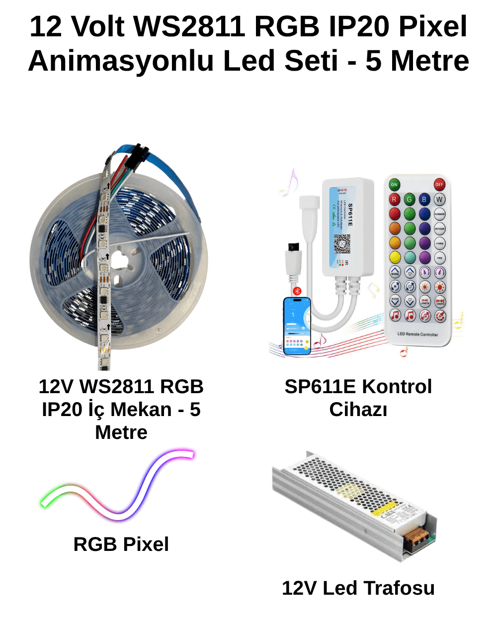 WS2811 IP20 RGB Pixel LED Seti | SP611E Kontrolcü + 12V Güç Kaynağı | 5-20 Metre