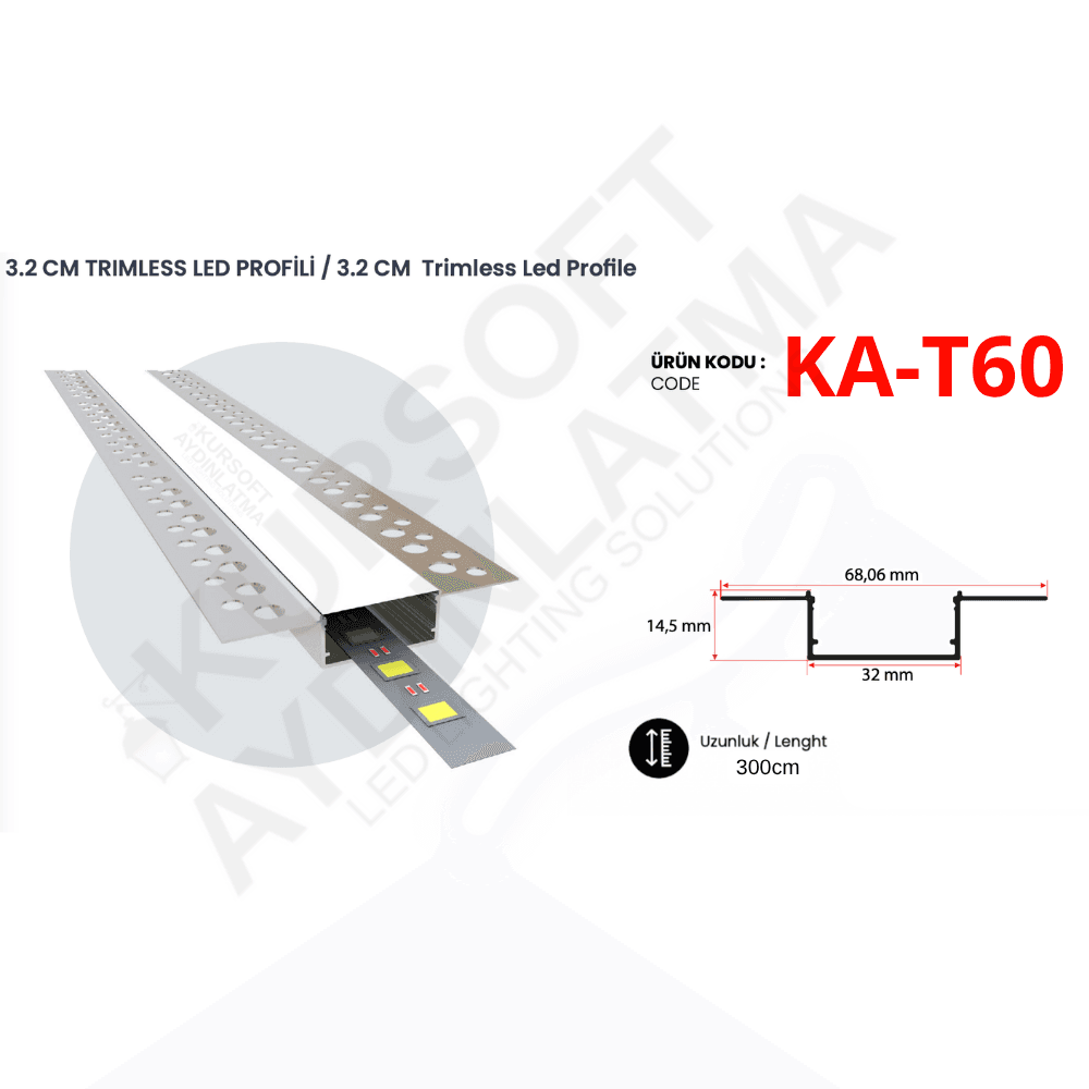 KA-T60 Trimless Alüminyum LED Profili – 32 mm Kanal | 3 Metre | Alçıpan Gömme